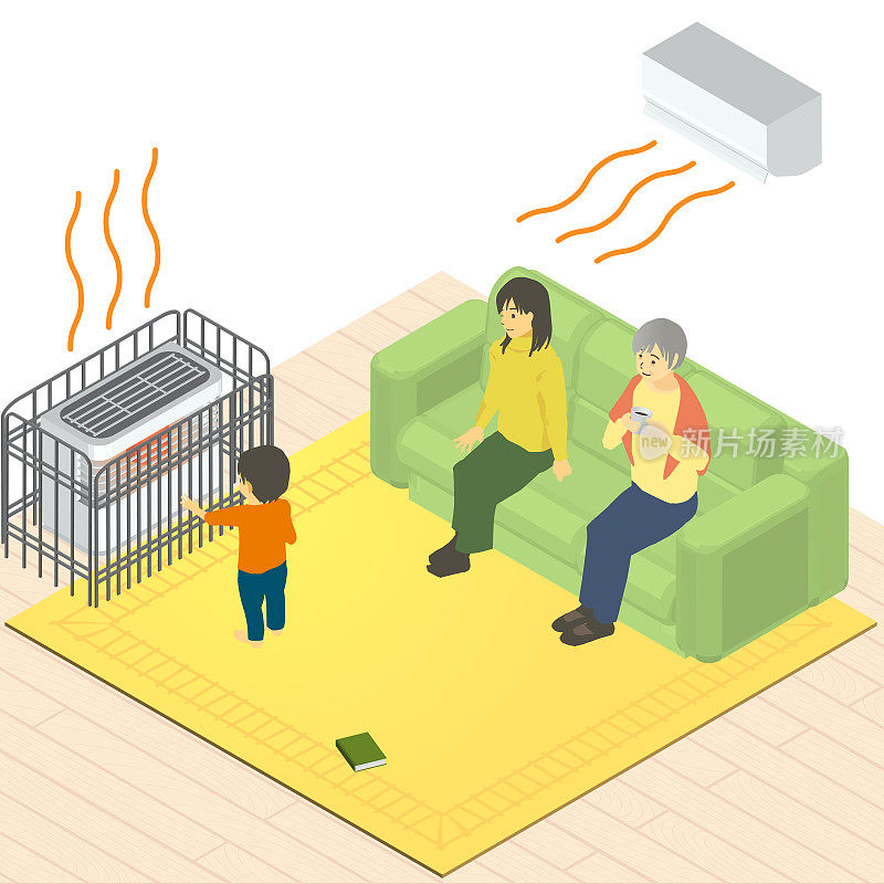 Isometric vector illustration of child, mom and grandma in heated room